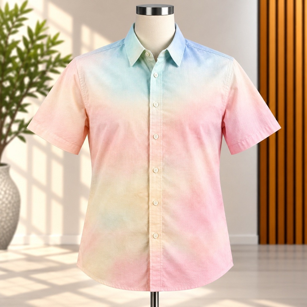 H&M Button Down Shirt Mens Large Multicolor Tie Dye Slim Fit Short Sleeve